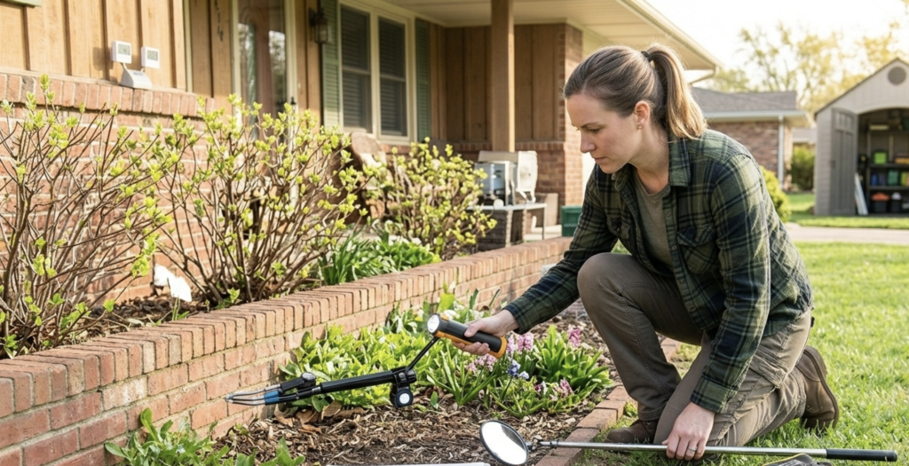 A woman uses a motorized weeding tool to clear weeds from a mulched garden bed.